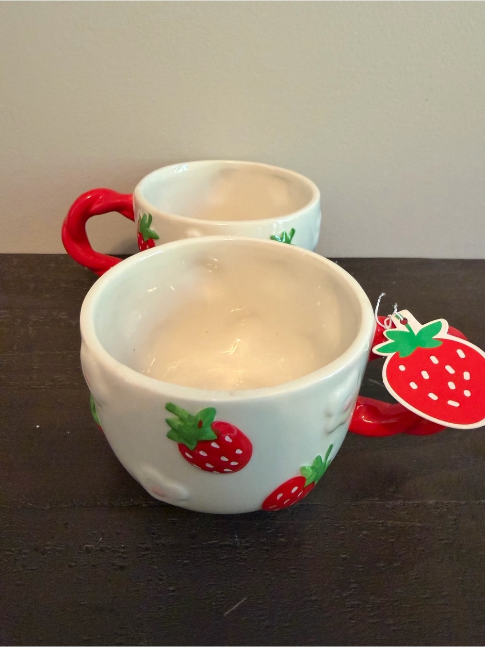 White Ceramic Strawberry Mug with Red Handle by Sunday Morning Set of 2